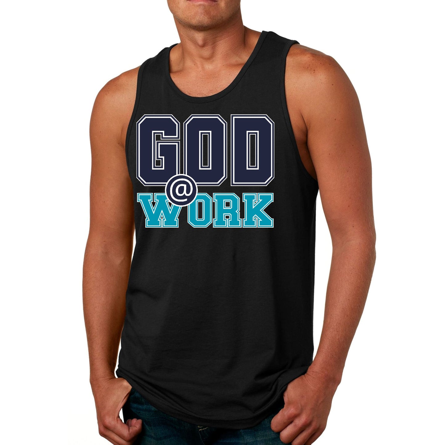 Mens Fitness Tank Top Graphic T-shirt God @ Work Navy Blue and Blue-0