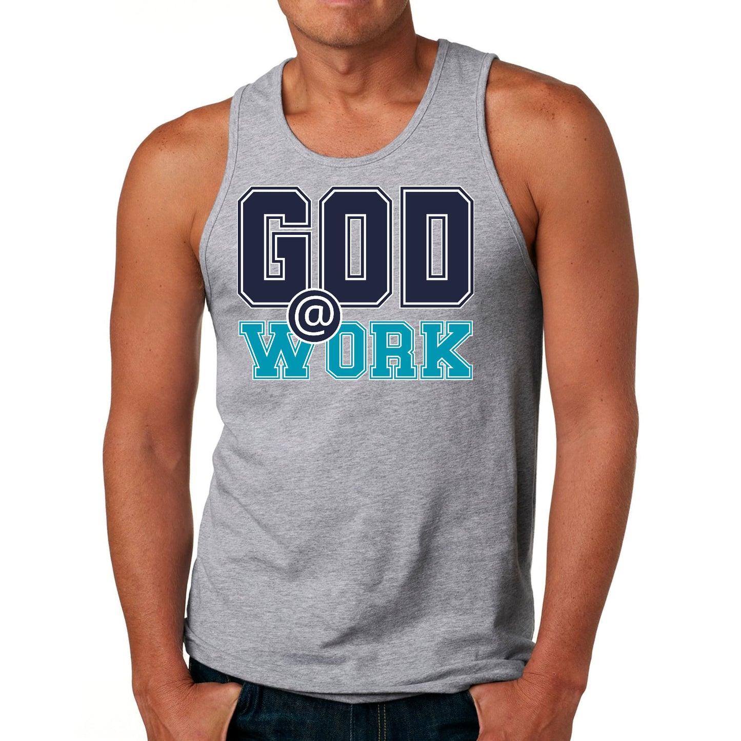 Mens Fitness Tank Top Graphic T-shirt God @ Work Navy Blue and Blue-6