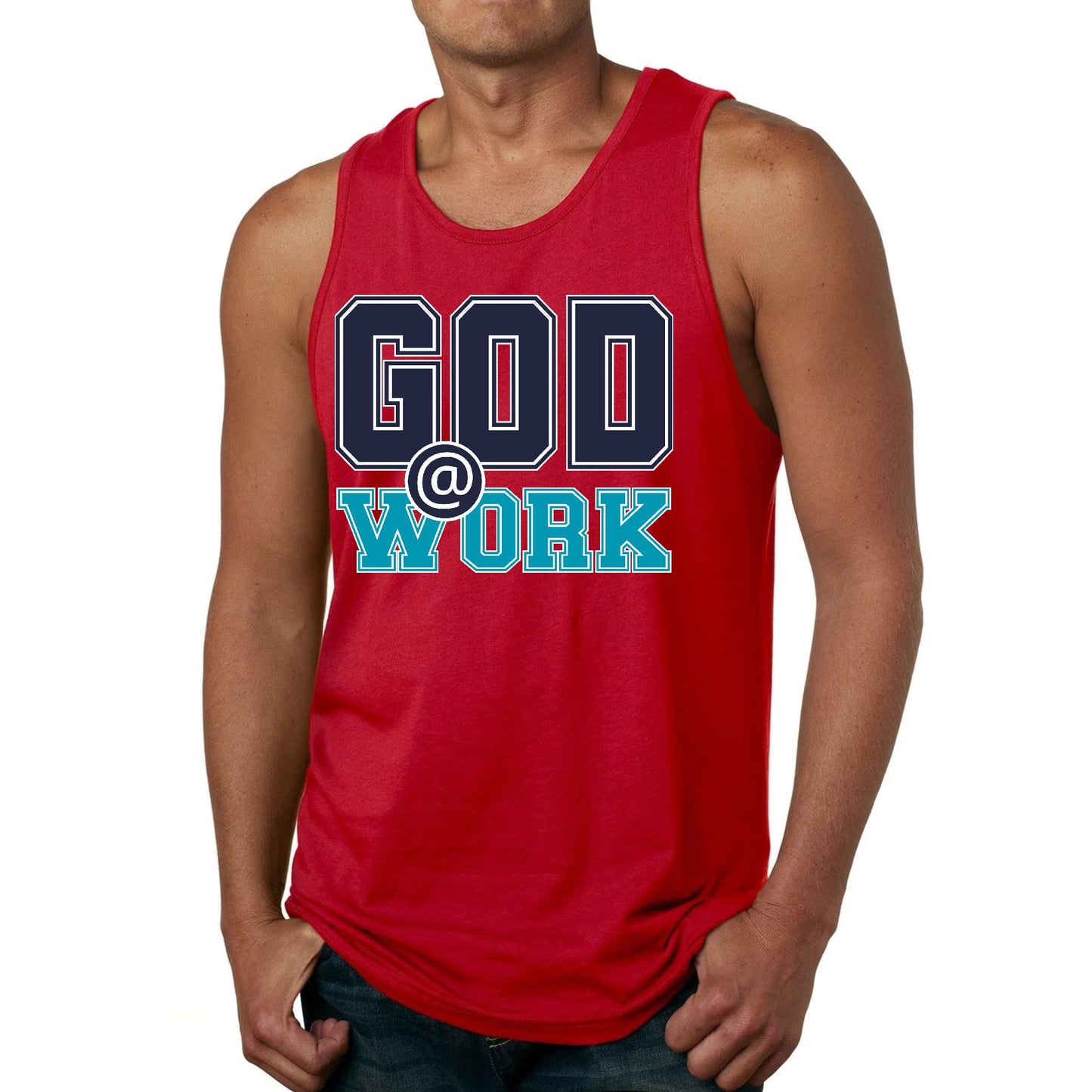 Mens Fitness Tank Top Graphic T-shirt God @ Work Navy Blue and Blue-2