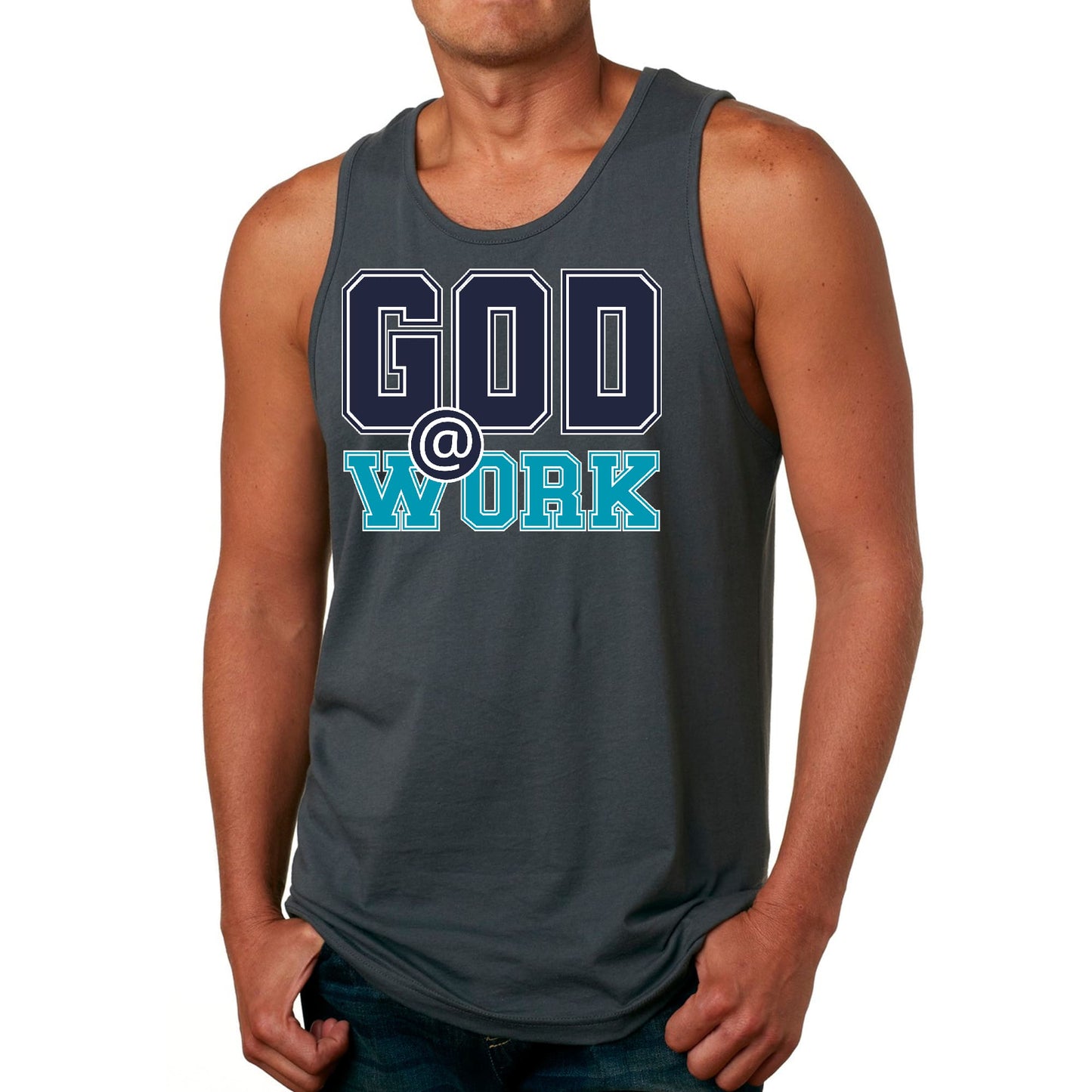 Mens Fitness Tank Top Graphic T-shirt God @ Work Navy Blue and Blue-4