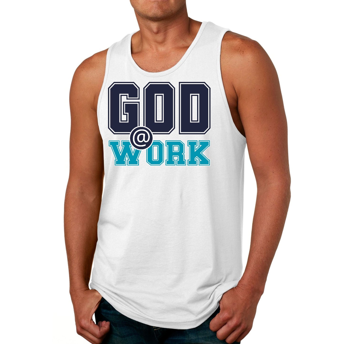 Mens Fitness Tank Top Graphic T-shirt God @ Work Navy Blue and Blue-7