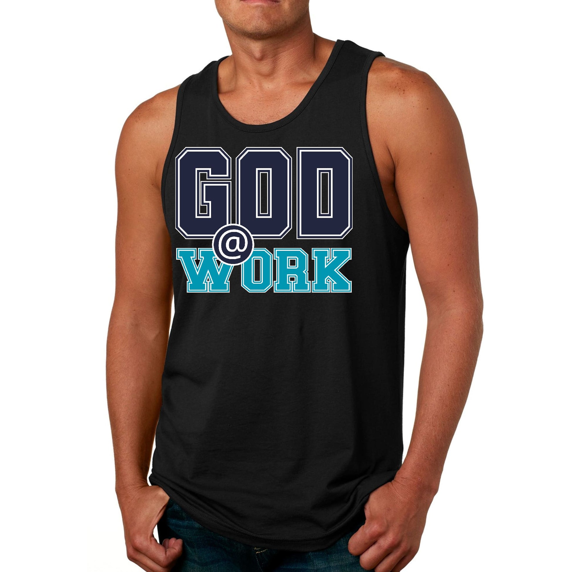 Mens Fitness Tank Top Graphic T-shirt God @ Work Navy Blue and Blue-0