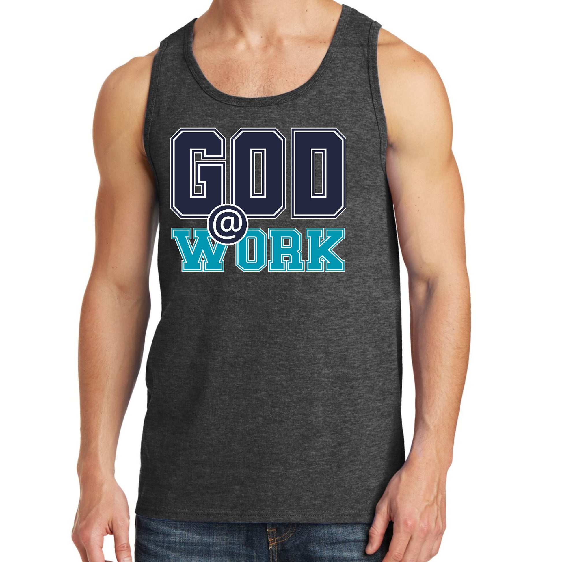 Mens Fitness Tank Top Graphic T-shirt God @ Work Navy Blue and Blue-5