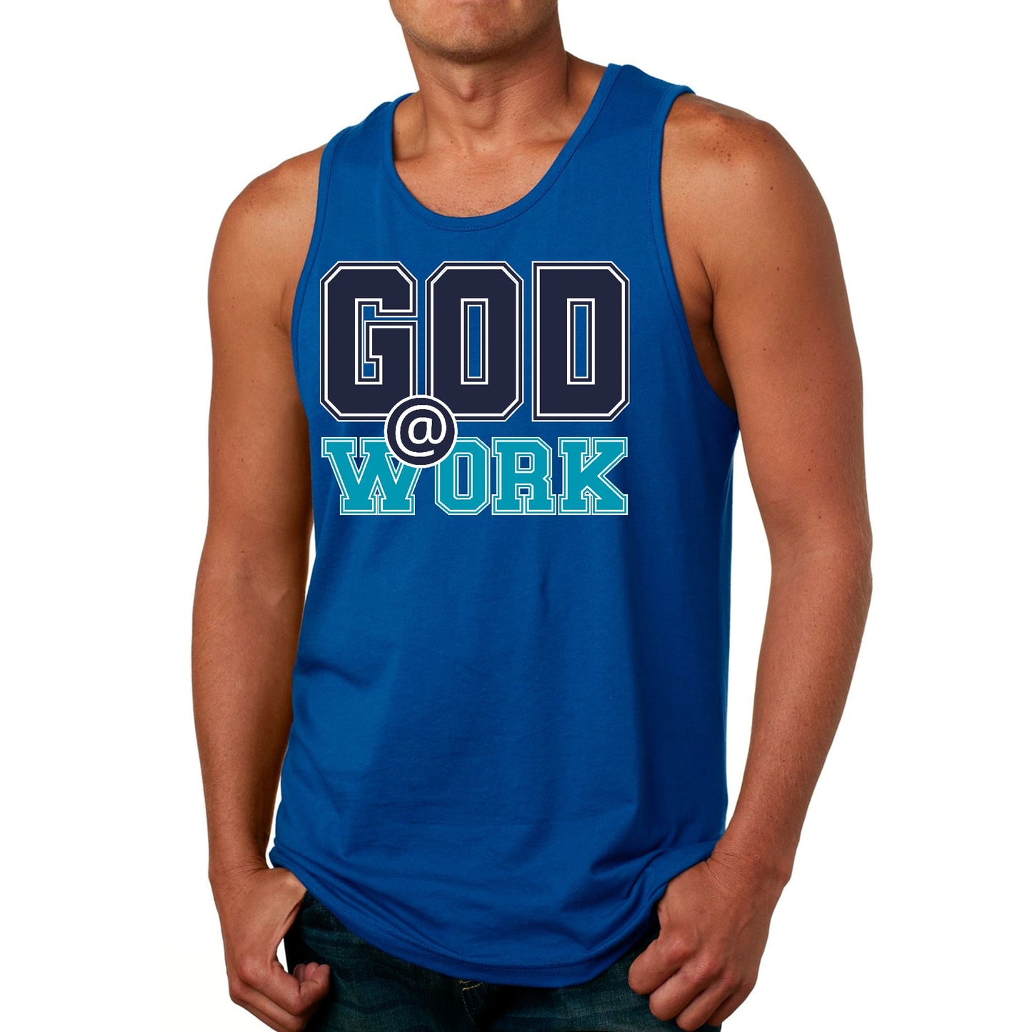 Mens Fitness Tank Top Graphic T-shirt God @ Work Navy Blue and Blue-3