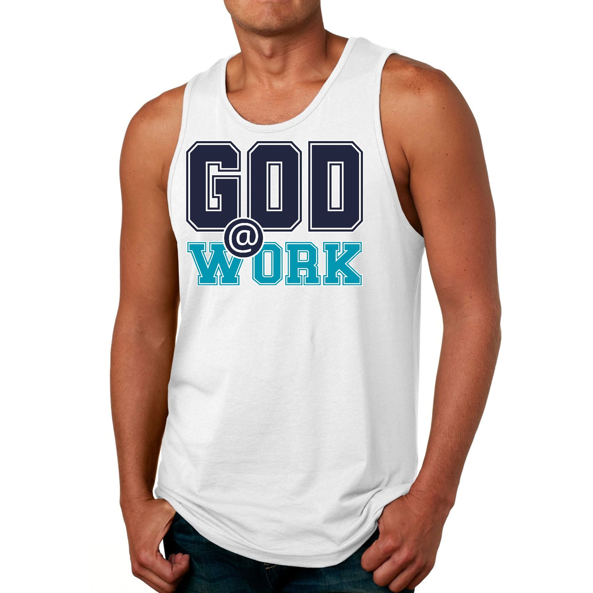 Mens Fitness Tank Top Graphic T-shirt God @ Work Navy Blue and Blue-7