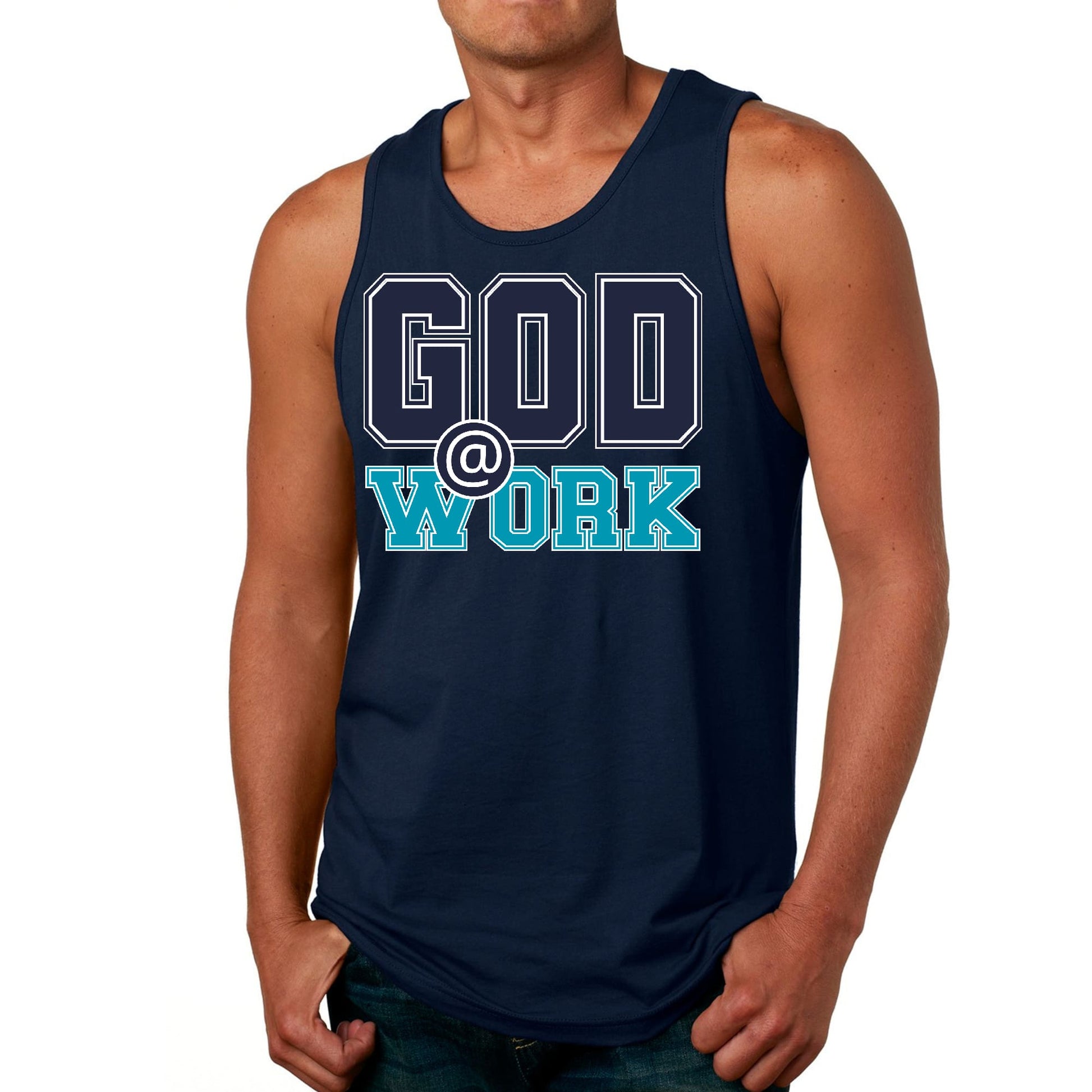 Mens Fitness Tank Top Graphic T-shirt God @ Work Navy Blue and Blue-1