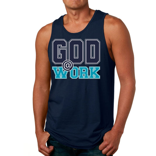 Mens Fitness Tank Top Graphic T-shirt God @ Work Navy Blue and Blue-1